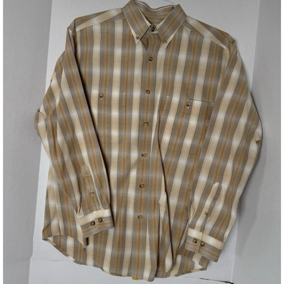 VTG Eddie Bauer Men’s M Button Front Shirt Beige Brown Tan Plaid Long Sleeve EUC - Picture 3 of 9